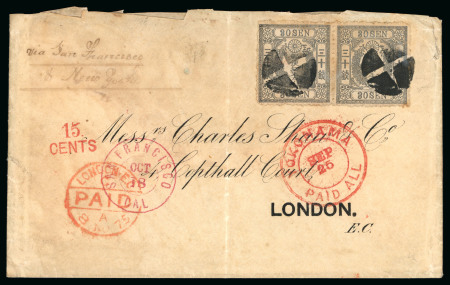 Stamp of Japan » 1874, Cherry Blossoms, Foreign Paper, with syllabics 1874, 30 sen grey syll. i (1) , horizontal pair, on cover 