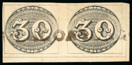 Stamp of Brazil » 1843 Bull's Eyes 1843, 30r black, worn impression, pair from the lower right corner of the sheet, "7 LAGOAS" straight-line