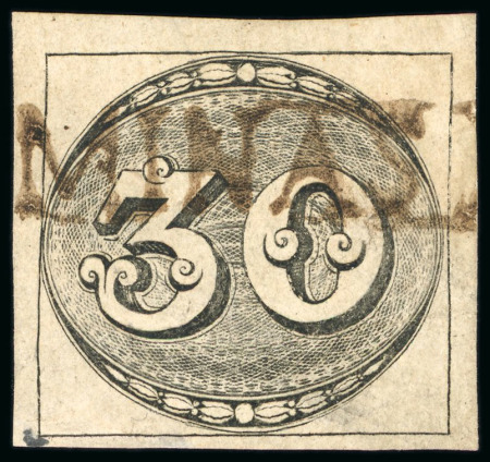 Stamp of Brazil » 1843 Bull's Eyes 1843, 30r black, worn impression, "MINAS NOVAS" straight-line 