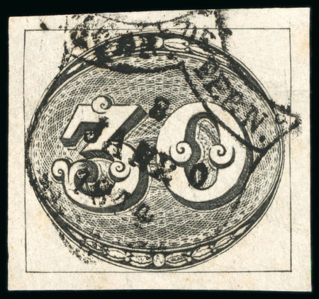 Stamp of Brazil » 1843 Bull's Eyes 1843, 30r black, worn impression, Pernambuco 'shield' ds