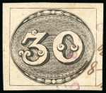 Stamp of Brazil » 1843 Bull's Eyes 1843, 30r black, worn impression, rimless "CORREIO GERAL DE CUIABA" cds in purple 