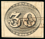 Stamp of Brazil » 1843 Bull's Eyes 1843, 30r black, worn impression, framed "CANTAGALO" hs