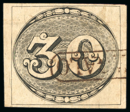 Stamp of Brazil » 1843 Bull's Eyes 1843, 30r black, worn impression, framed "CANTAGALO" hs