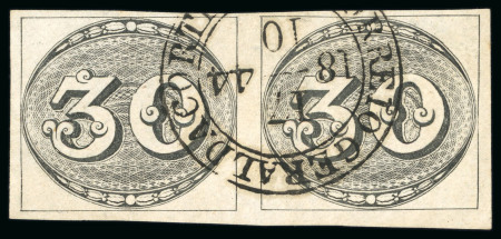 Stamp of Brazil » 1843 Bull's Eyes Rio de Janeiro (RJ) 1843, 30r black, worn impression, horizontal pair