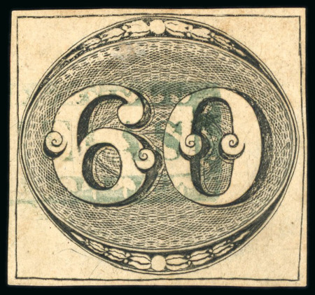 Stamp of Brazil » 1843 Bull's Eyes 1843, 60r black, early impression, "Va.DE VASSOURAS" hs in green