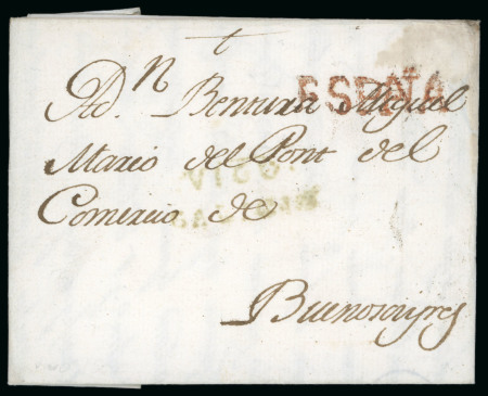 Stamp of Spain 1802 (Dec 9, 25). Two entire letters from Vigo to Buenos Aires (Argentina) with España postmarks
