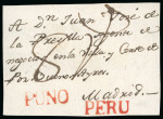 Stamp of Bolivia 1810 circa. Cover front from Puno (nowadays in Bolivia, then part of the Virreinato del Perú) to Madrid