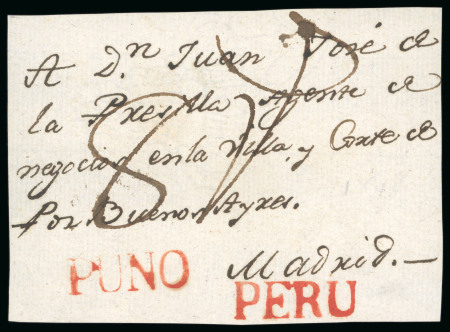 Stamp of Bolivia 1810 circa. Cover front from Puno (nowadays in Bolivia, then part of the Virreinato del Perú) to Madrid
