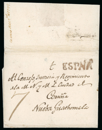 Stamp of Spain 1795,  Oct.  Folded  cover  from  Spain  to  Guatemala  endorsed  “Coruña”,  whe