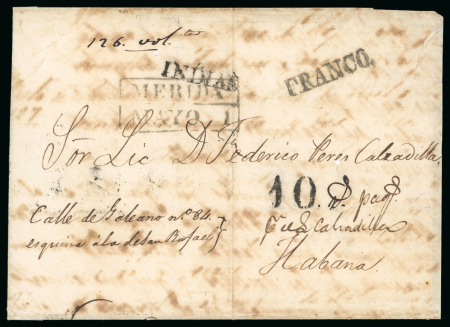 Stamp of Mexico 1840 circa. Folded cover from Mérida to Havana (Cuba), small “Indias” straight line