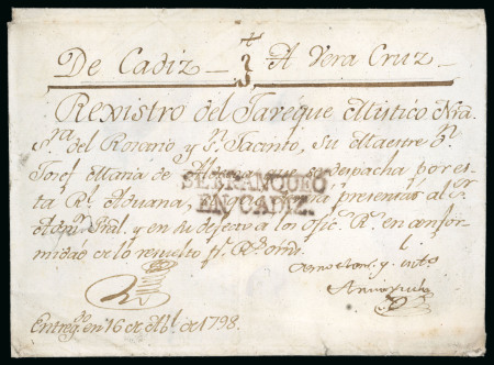 Stamp of Mexico » Incoming Mail 1798, April 16. Ship’s register envelope from Cádiz to Veracruz of the Spanish “