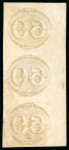 Stamp of Brazil » 1843 Bull's Eyes 1843, 60r black, early impression, vertical strip of three with "BAHIA" straight line, exceptional alignment line