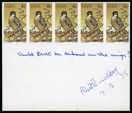 Stamp of South West Africa 1975 Protected Birds of Prey set of four in imperf. lower marginal strips, each with artist's signature and date