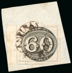 Stamp of Brazil » 1843 Bull's Eyes 1843, 60r black, early impression, left-sheet margin example tied by Campinas double circle on piece