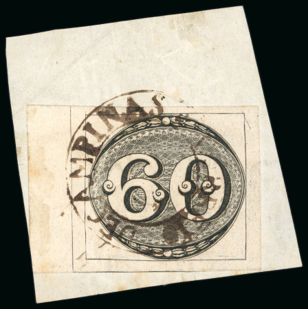 Stamp of Brazil » 1843 Bull's Eyes 1843, 60r black, early impression, left-sheet margin example tied by Campinas double circle on piece