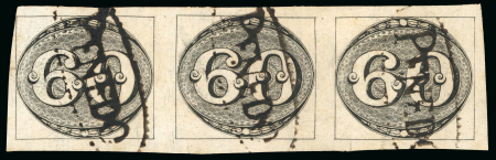 Stamp of Brazil » 1843 Bull's Eyes 1843, 60r black, intemediate impression, strip of three, "PENEDO" oval hs