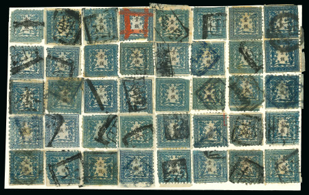 Stamp of Japan » 1872, Dragons sen unit, perforated 1872, 1 sen blue, plate 3 on brittle laid paper, complete reconstructed sheet of 40