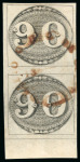 Stamp of Brazil » 1843 Bull's Eyes 1843, 90r black, early impression, vertical pair, red "CORREIO GERAL DE CUIABA/18-" rimless cds