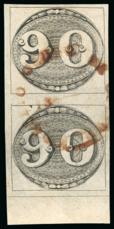 Stamp of Brazil » 1843 Bull's Eyes 1843, 90r black, early impression, vertical pair, red "CORREIO GERAL DE CUIABA/18-" rimless cds
