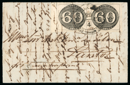 Stamp of Brazil » 1843 Bull's Eyes 1843, 60r black, early impression, horizontal marginal pair on letter from Rio to Santos