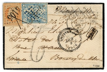 Stamp of Egypt » Suez-Canal Company 1868 (Aug 5) mourning envelope from Ismalia to France, with Suez Canal Co. and France mixed franking