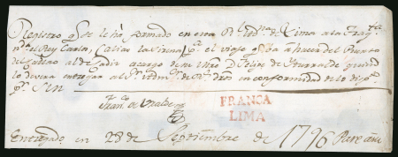 Stamp of Peru » Outgoing Mail 1796,  Sept.  8.  Ship’s  register  cover  of  the  “Rey  Carlos”  frigate,  sai