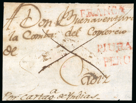 Stamp of Peru » Outgoing Mail 1800  circa.  Cover  front  from  Piura  to  Cádiz,  attractively  struck  on  d