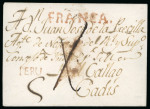 Stamp of Peru 1800  circa.  Handmade  envelope  from  Trujillo  to  Cádiz  (Spain),   “Franca.” and “Peru” straight-line