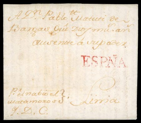 Stamp of Peru » Incoming Mail 1765,  Feb.  2.  Entire  letter  from  Cádiz  (Spain)  to  Lima,  struck  by  fi