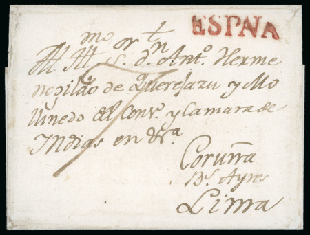Stamp of Peru » Incoming Mail 1778 circa. Undated cover to Lima, with manuscript “7” rate and “España” postmar