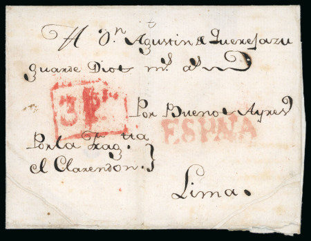 Stamp of Spain 1779  circa.  Folded  cover  from  Cádiz  (Spain)  to  Lima,  two exceptional postmarks used together