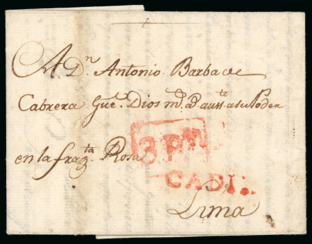 Stamp of Spain 1790, April 15. Entire letter from Cádiz (Spain) to Lima. Endorsement “en la frag.ta Rosa”.