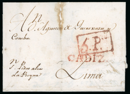Stamp of Spain 1790,  April.  Cover  to  Lima  via  Cádiz,  as  confirmed  by  the  boxed  “5