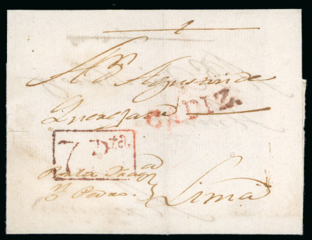 Stamp of Spain 1790 circa. Undated cover from Spain to Lima, one of two known with "7 Pta" triple-rate marking