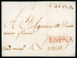Stamp of Spain 1790  circa.  Undated  folded  cover  from  Cádiz  via  Corunna  to  Lima, exceptionally with two different "España" postmarks