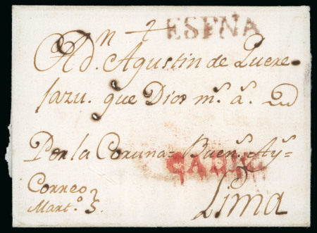 Stamp of Peru 1795 circa. Undated folded cover from Cádiz to Lima via Corunna and Buenos Aires
