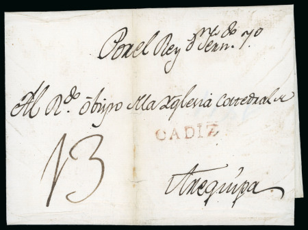 Stamp of Peru » Incoming Mail 1808 circa. Folded cover from Madrid to Arequipa, denoting royal mail with remar
