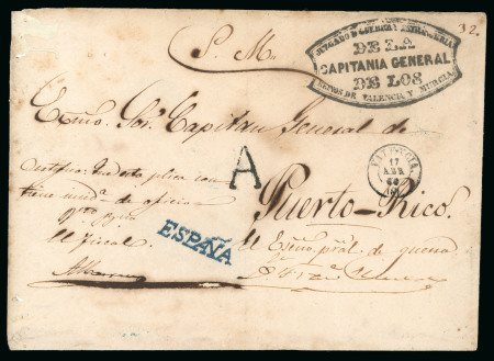 Stamp of Puerto Rico 1860, April 17. Large envelope from Valencia, the only reported example of "España" marking in blue