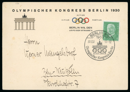 Stamp of Olympics » 1930 Berlin Congress 1930 (May 30) Olympic Congress printed card with 5pf tied by special Congress 30.5.30 11am-12pm cds