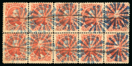Stamp of Brazil » 1866-83 Dom Pedro » 1866 "Black Beard" Issue 1866, 10r vermilion, rejoined block of ten comprising