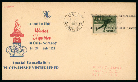 Stamp of Olympics » 1952 Oslo 1951 (Nov 8) Olympic illustrated envelope with 15+5o Olympic stamp tied by "OSLO / GRUNERLOKKA" Olympic slogan
