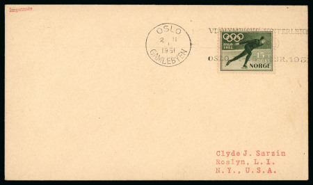 Stamp of Olympics » 1952 Oslo 1951 (Nov 2) envelope with 15+5o Olympic stamp tied by "OSLO / GAMLEBYEN" Olympic slogan machine cancel