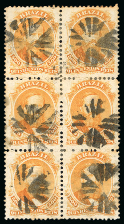 Stamp of Brazil » 1866-83 Dom Pedro » 1866 "Black Beard" Issue 1866, 500r orange, horizontal and vertical blocks of six used