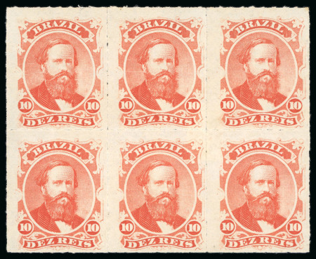 Stamp of Brazil » 1866-83 Dom Pedro » 1866 "Black Beard" Issue 1876, 10r vermilion, worn plate, horizontal block of six unused