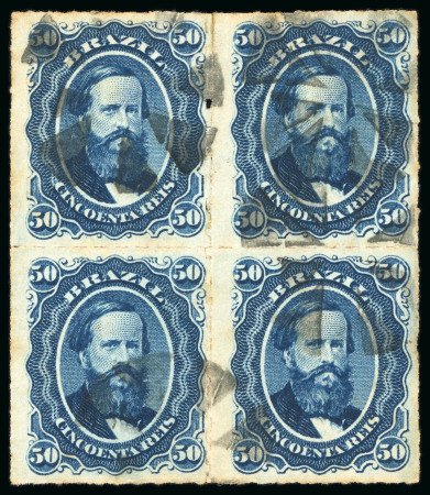 Stamp of Brazil » 1866-83 Dom Pedro » 1866 "Black Beard" Issue 1876, 50r blue, block of four, double vertical perforation, used