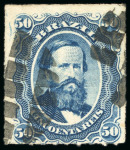 Stamp of Brazil » 1866-83 Dom Pedro » 1866 "Black Beard" Issue 1876, 50r blue, "cracked plate", one showing coloured