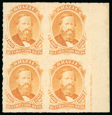 Stamp of Brazil » 1866-83 Dom Pedro » 1876 Roulette "Black Beard" Issue 1876, 500r orange, block of four from the right of