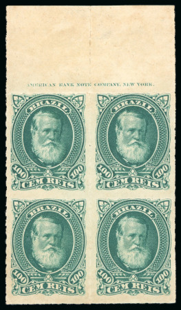 Stamp of Brazil » 1866-83 Dom Pedro » 1877-78 Roulette "White Beard" Issue 1877, 100r green, a spectacular block of four with marginal imprint
