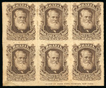 Stamp of Brazil » 1866-83 Dom Pedro » 1877-78 Roulette "White Beard" Issue 1877, 260r dark brown, block of six originating from