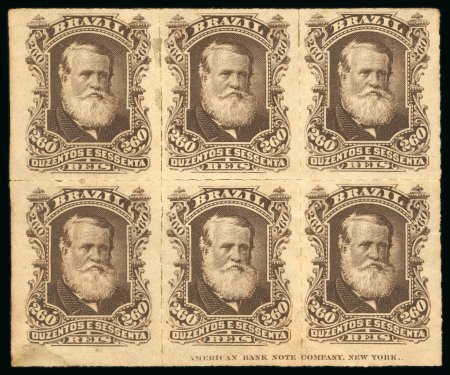 Stamp of Brazil » 1866-83 Dom Pedro » 1877-78 Roulette "White Beard" Issue 1877, 260r dark brown, block of six originating from